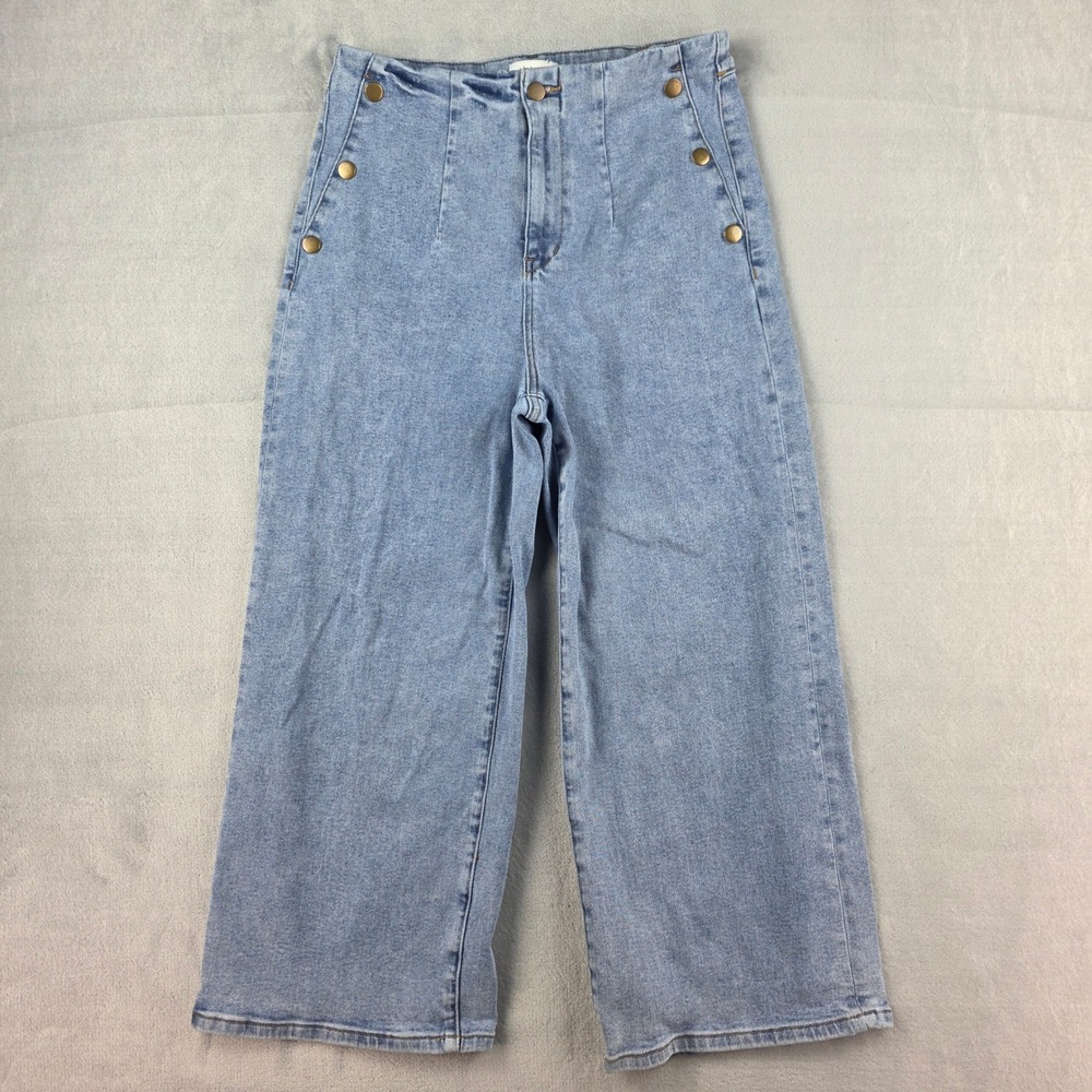 Bohme High Rise Sailor Wide Leg Jeans Light Wash Blue Button Detail Size 29